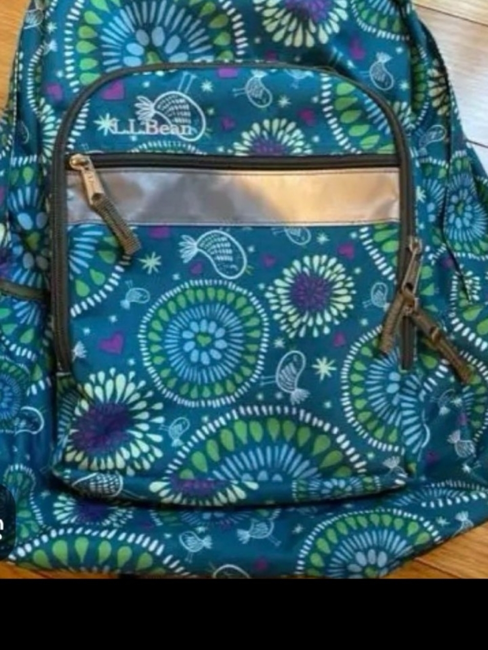 L.L. Bean Teal Floral Backpack with Green and Purple Accents